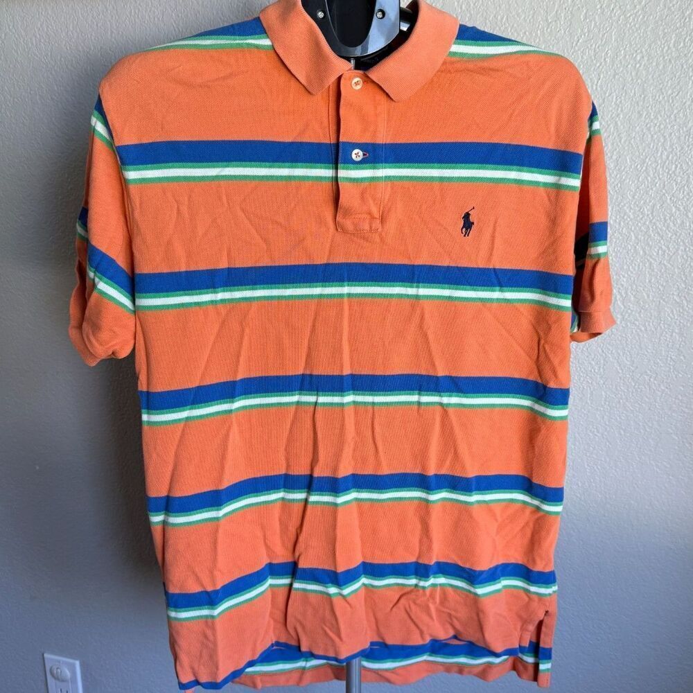 Polo Ralph Lauren Preppy Short Sleeve Striped Orange Pony Rugby Polo Shirt L